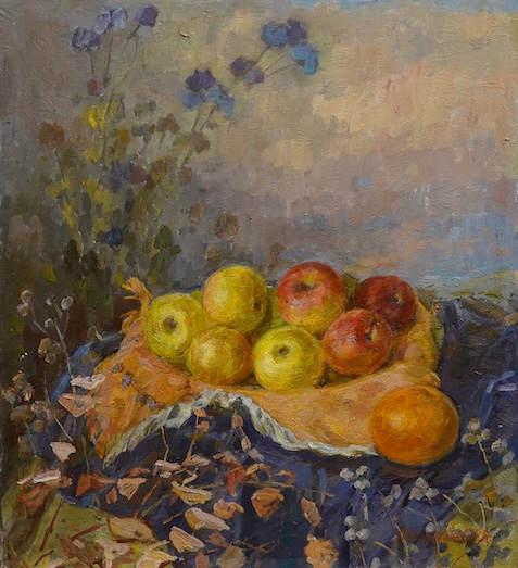 Mikhail Alexandrovich Shaposhnikov (Ukranian, b.1909), oil on canvas, Still life of apples, signed, 69 x 63cm, unframed. Condition - fair to good